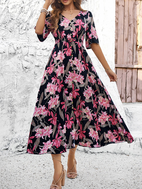 Women's spring and summer vacation casual floral print slit dress