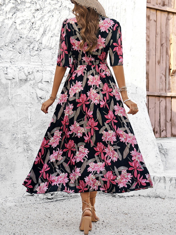 Women's spring and summer vacation casual floral print slit dress