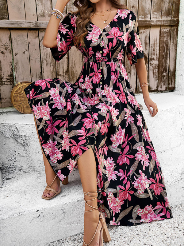 Women's spring and summer vacation casual floral print slit dress