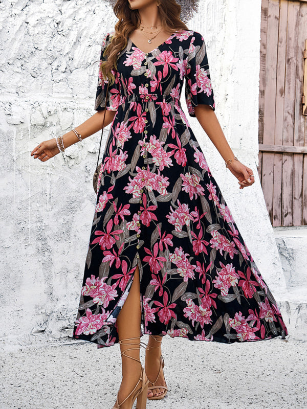 Women's spring and summer vacation casual floral print slit dress