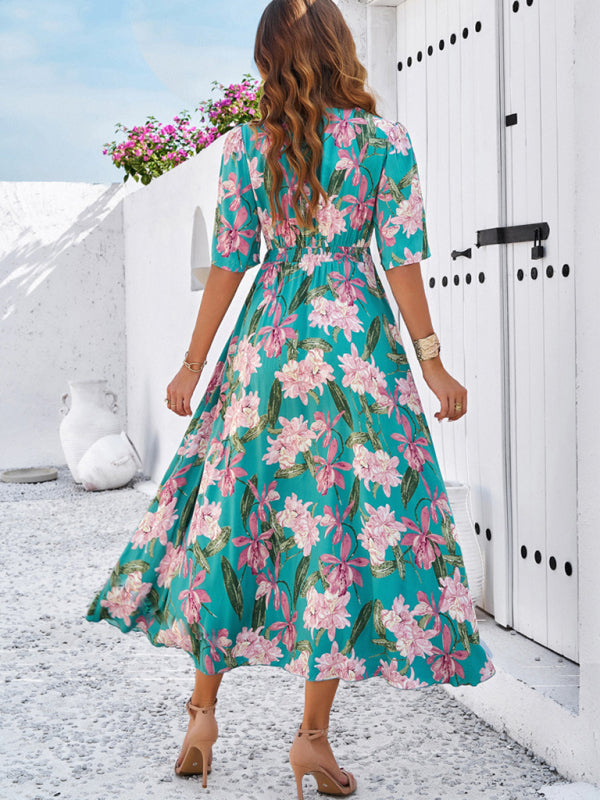 Women's spring and summer vacation casual floral print slit dress