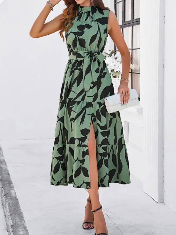 Women's Spring and Summer Casual Vacation Stand Collar Waist Tie Sleeveless Dress