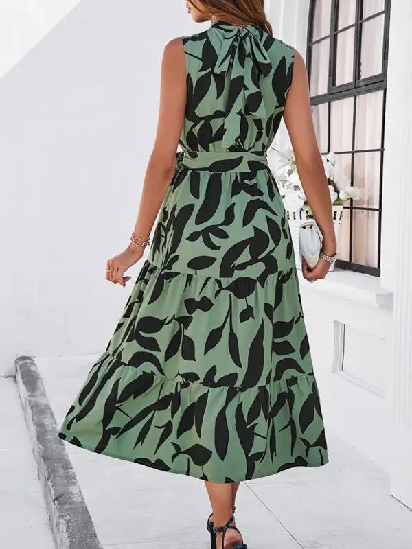 Women's Spring and Summer Casual Vacation Stand Collar Waist Tie Sleeveless Dress