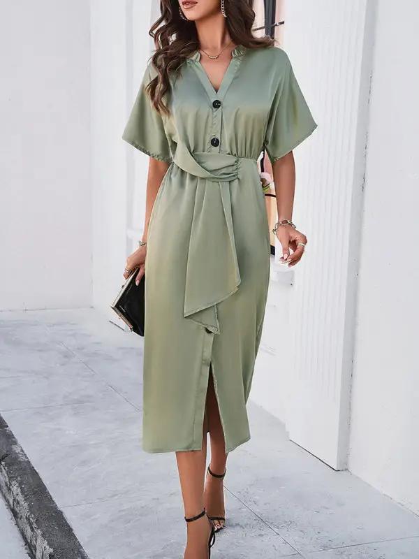 New solid color temperament V-neck short-sleeved dress