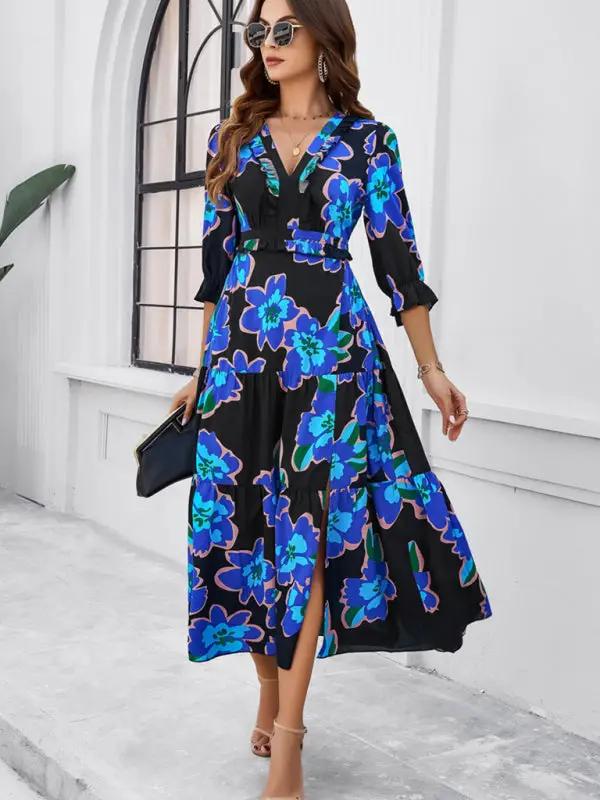 Spring and summer new holiday casual printed V-neck slit dress