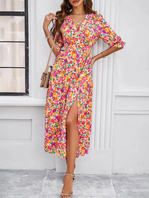 Spring and summer new holiday casual printed V-neck slit dress