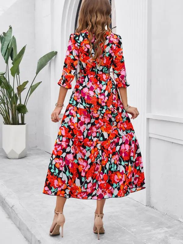 Spring and summer new holiday casual printed V-neck slit dress