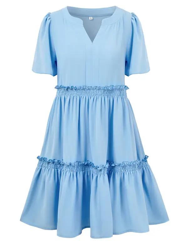 New fashionable solid color V-neck casual ruffle sleeve dress