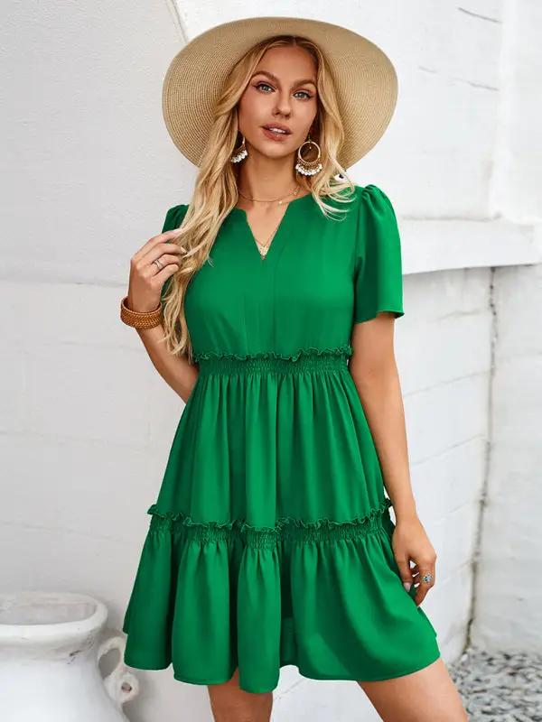 New fashionable solid color V-neck casual ruffle sleeve dress