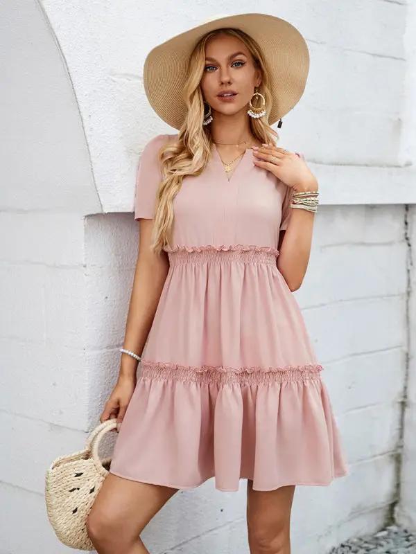 New fashionable solid color V-neck casual ruffle sleeve dress