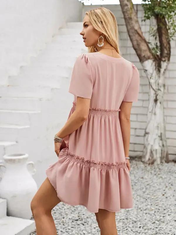 New fashionable solid color V-neck casual ruffle sleeve dress