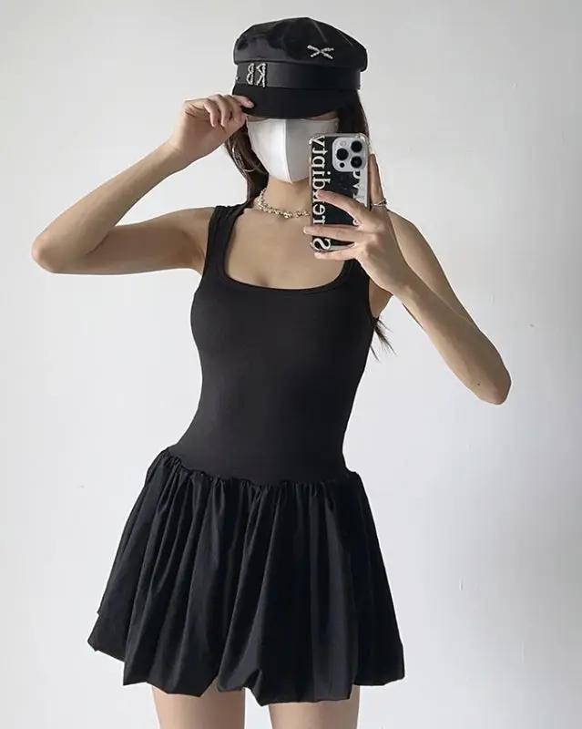 New sexy clavicle-baring one-shoulder suspender waist-cinching puffy dress