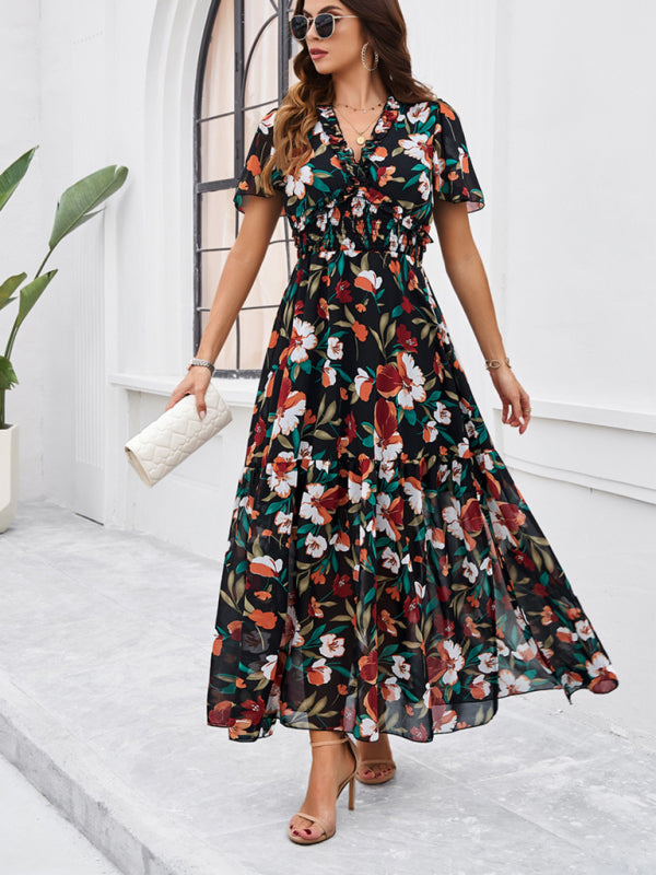 Spring and summer new temperament casual printed waist dress