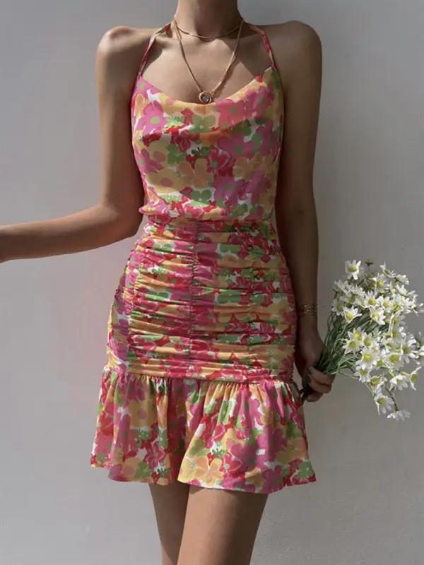 Ladies new floral print hip strap dress