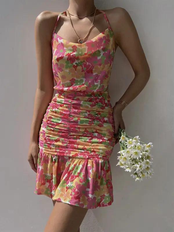 Ladies new floral print hip strap dress