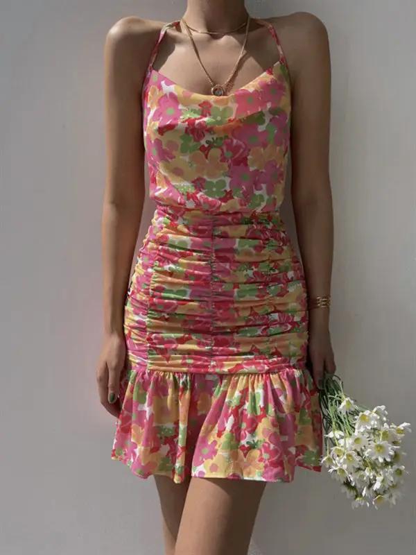 Ladies new floral print hip strap dress