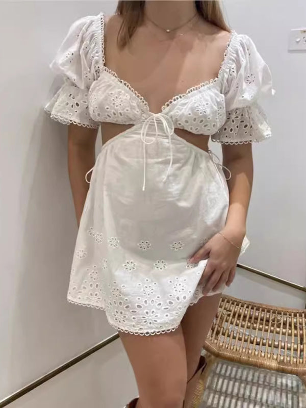 French lace sexy deep V-neck hollow waist short dress