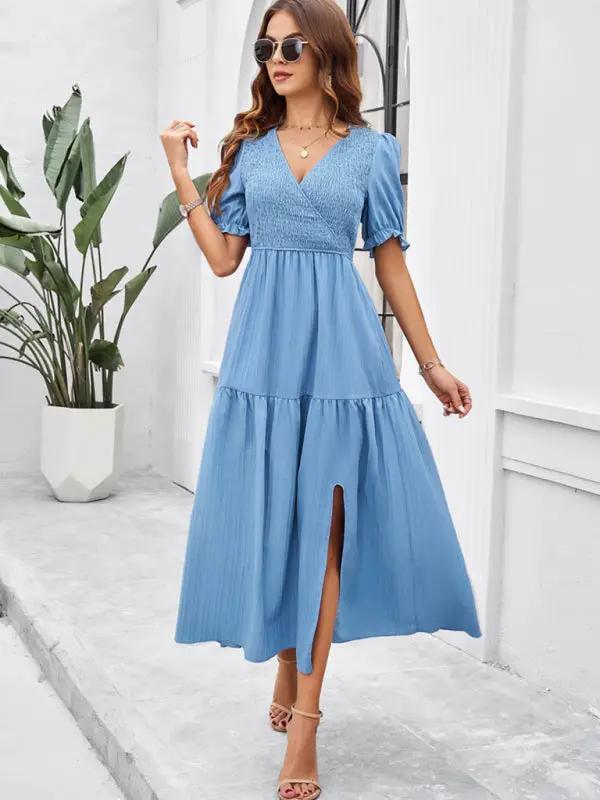 New spring and summer solid color temperament V-neck short-sleeved long skirt