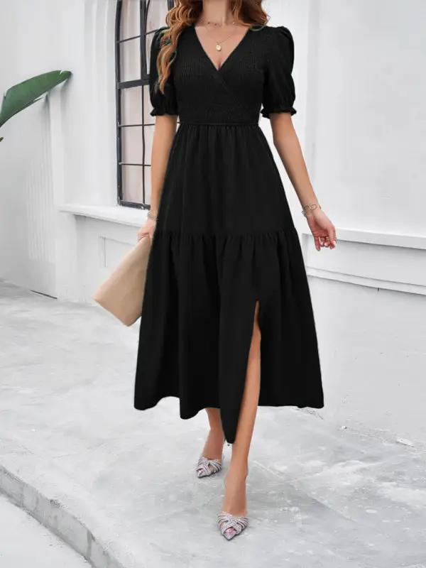 New spring and summer solid color temperament V-neck short-sleeved long skirt