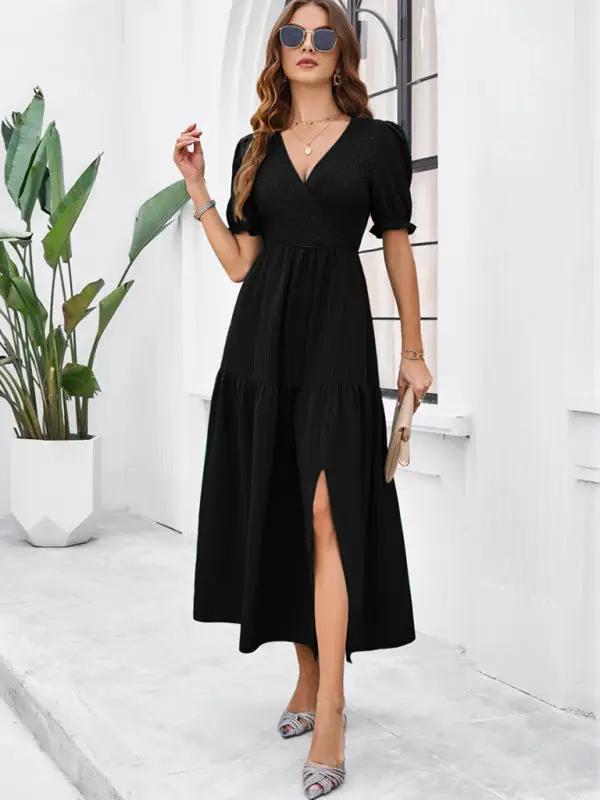 New spring and summer solid color temperament V-neck short-sleeved long skirt