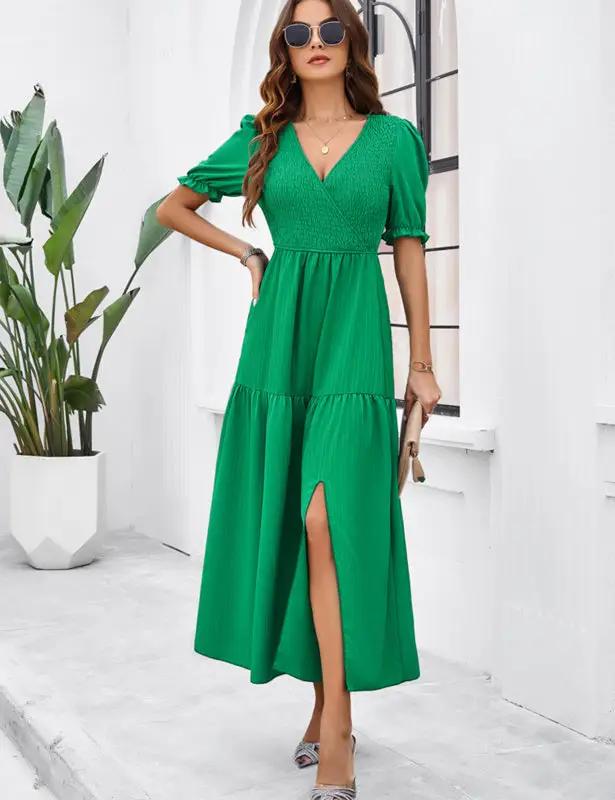 New spring and summer solid color temperament V-neck short-sleeved long skirt