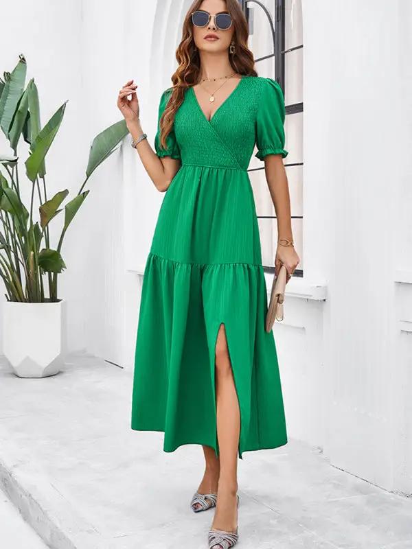 New spring and summer solid color temperament V-neck short-sleeved long skirt