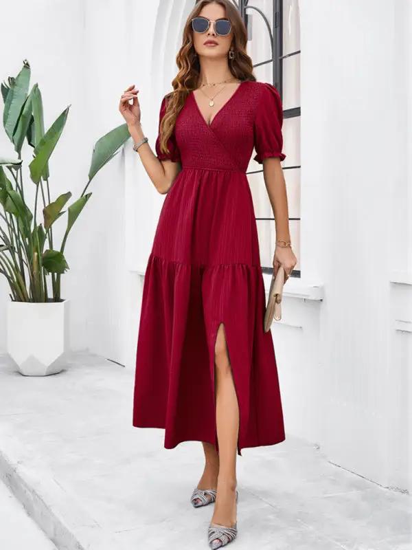 New spring and summer solid color temperament V-neck short-sleeved long skirt