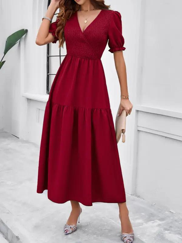 New spring and summer solid color temperament V-neck short-sleeved long skirt