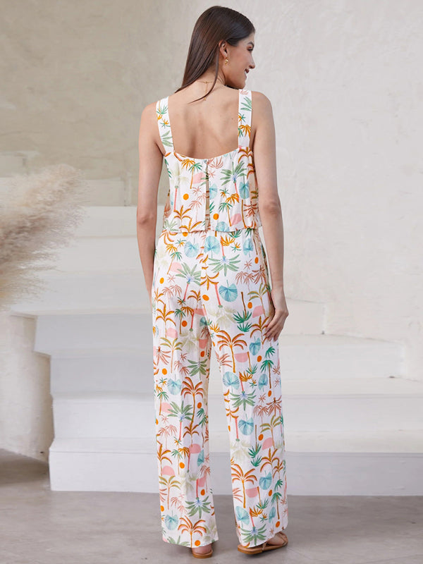 Women's Fashion Casual Suspender Printed Wide Leg Jumpsuit