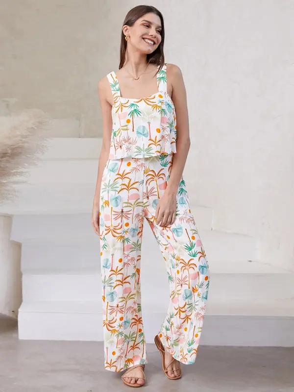 Women's Fashion Casual Suspender Printed Wide Leg Jumpsuit