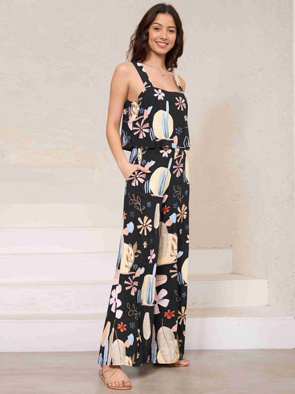 Women's Fashion Casual Suspender Printed Wide Leg Jumpsuit