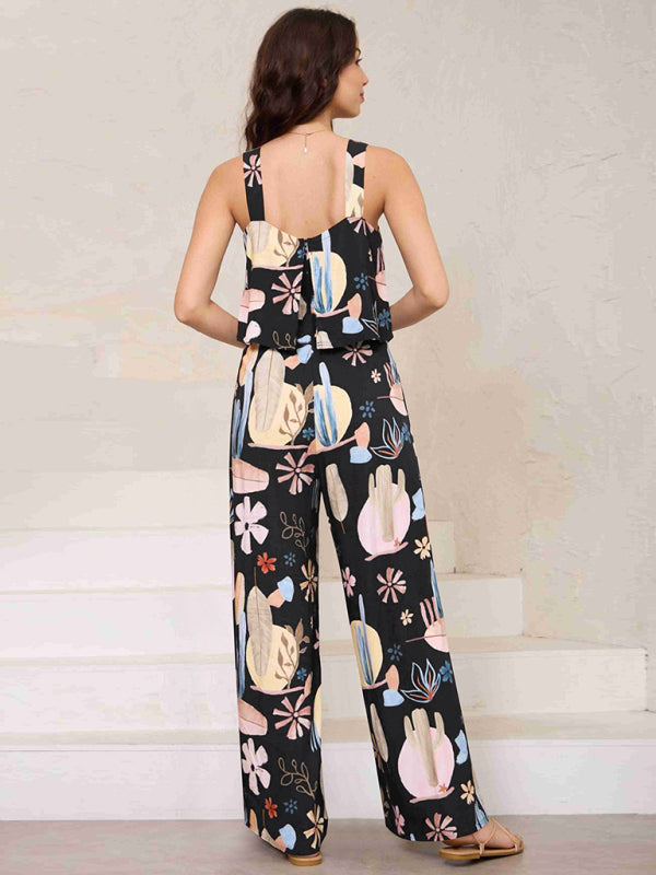 Women's Fashion Casual Suspender Printed Wide Leg Jumpsuit