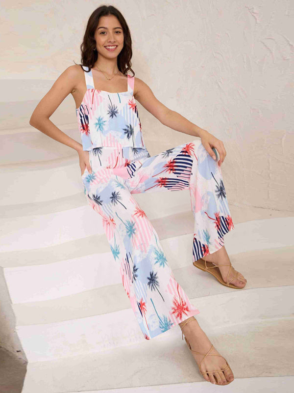 Women's Fashion Casual Suspender Printed Wide Leg Jumpsuit