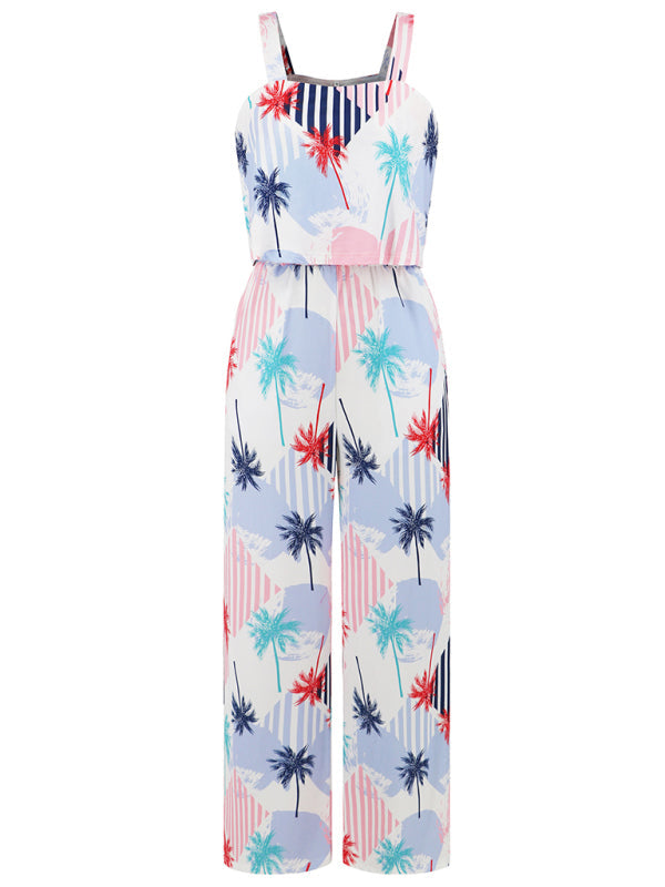 Women's Fashion Casual Suspender Printed Wide Leg Jumpsuit