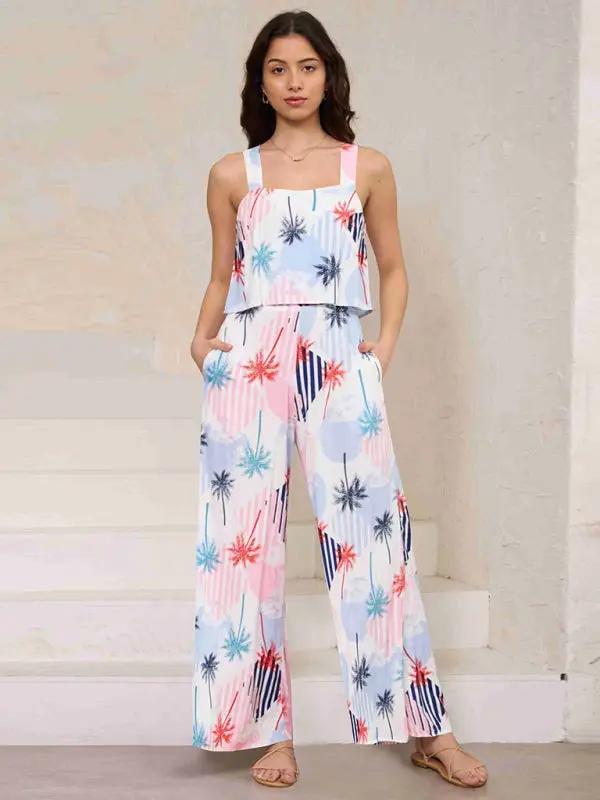 Women's Fashion Casual Suspender Printed Wide Leg Jumpsuit