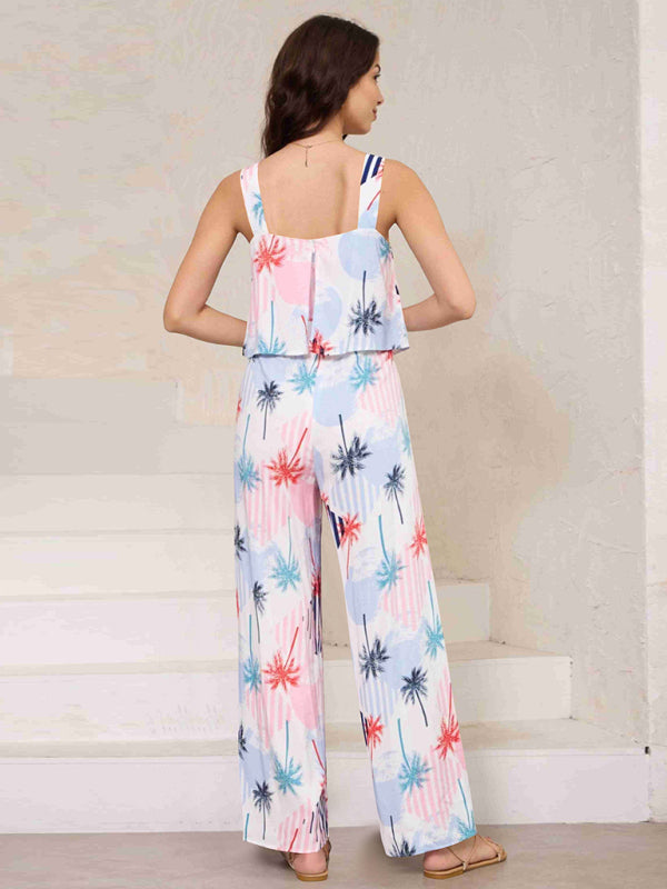 Women's Fashion Casual Suspender Printed Wide Leg Jumpsuit