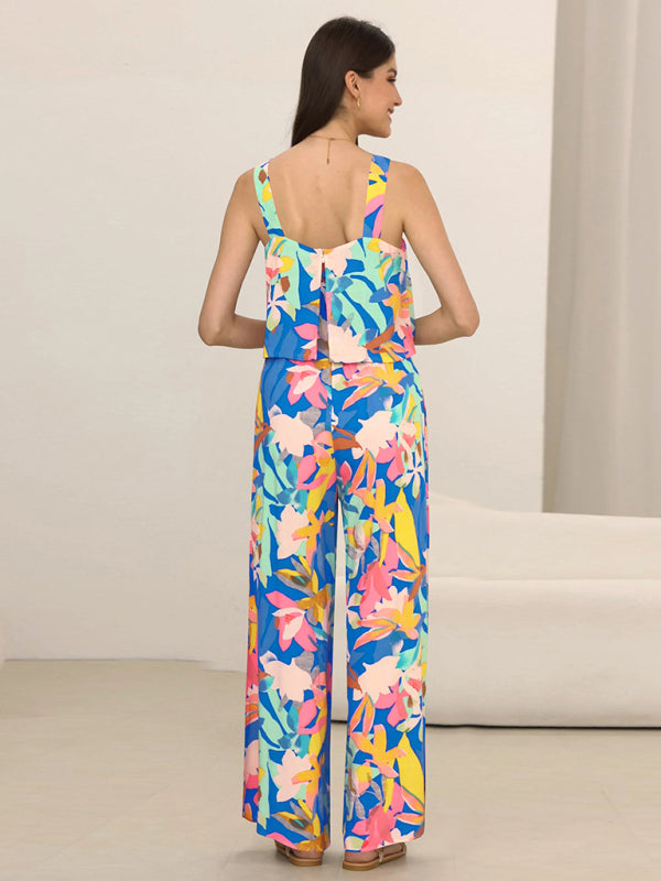 Women's Fashion Casual Suspender Printed Wide Leg Jumpsuit