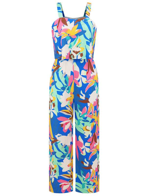 Women's Fashion Casual Suspender Printed Wide Leg Jumpsuit