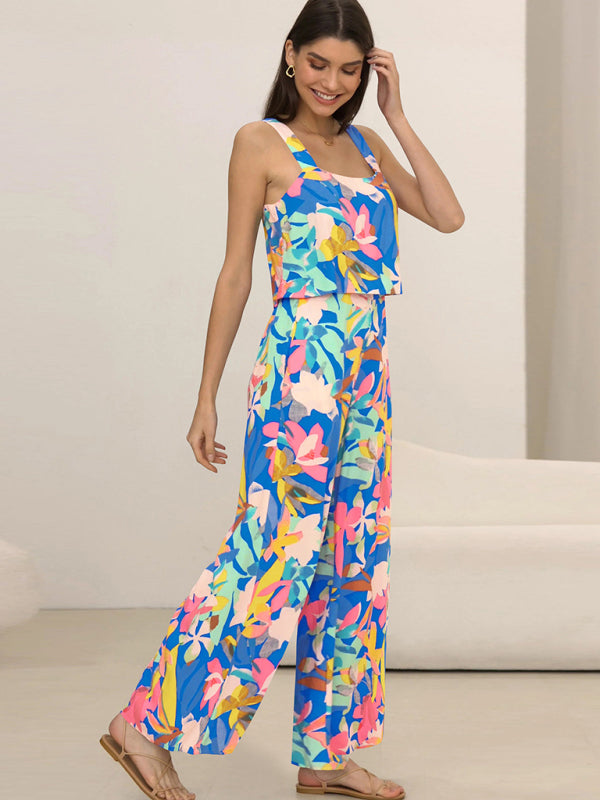 Women's Fashion Casual Suspender Printed Wide Leg Jumpsuit