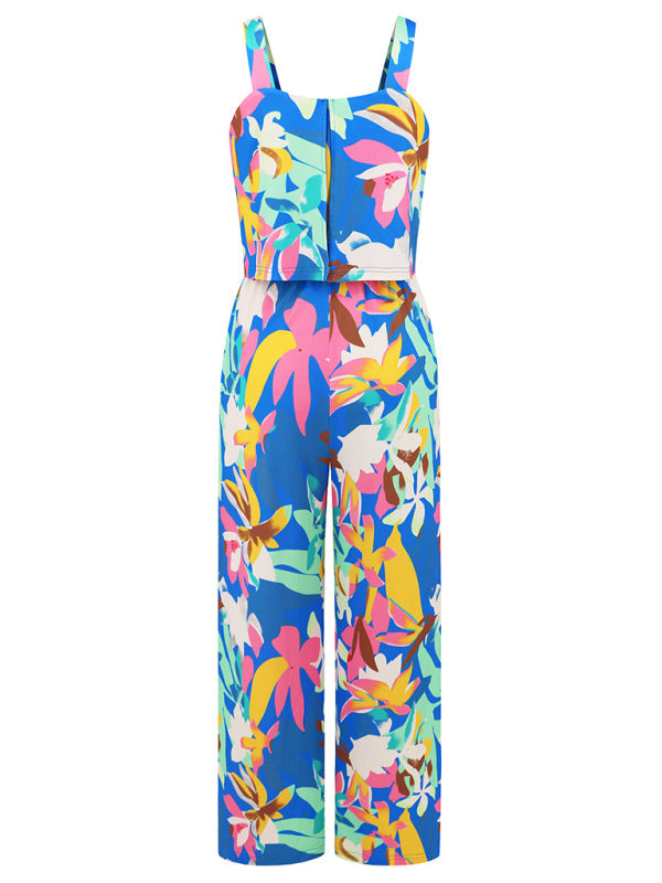 Women's Fashion Casual Suspender Printed Wide Leg Jumpsuit