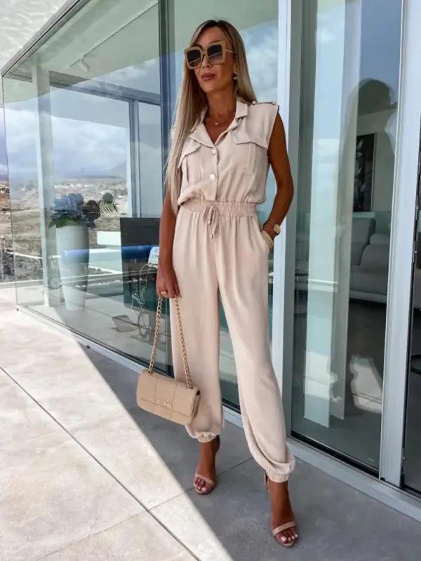 Lapel Sleeveless Pocket Single Breasted Top Elastic Waist Petite Pants Nine-Point Jumpsuit