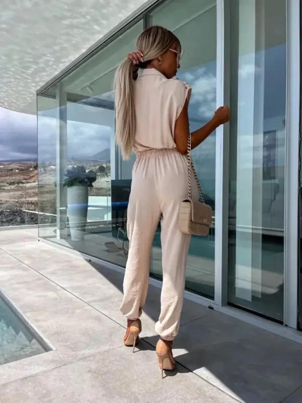 Lapel Sleeveless Pocket Single Breasted Top Elastic Waist Petite Pants Nine-Point Jumpsuit