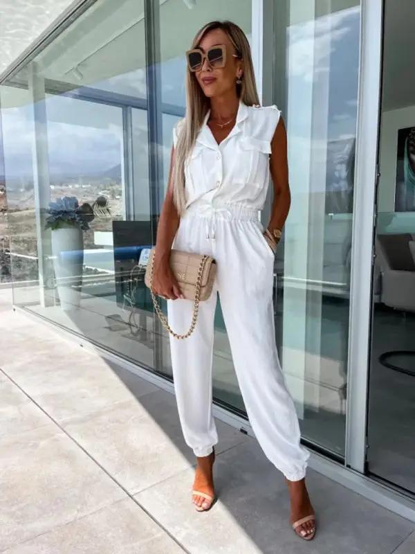 Lapel Sleeveless Pocket Single Breasted Top Elastic Waist Petite Pants Nine-Point Jumpsuit