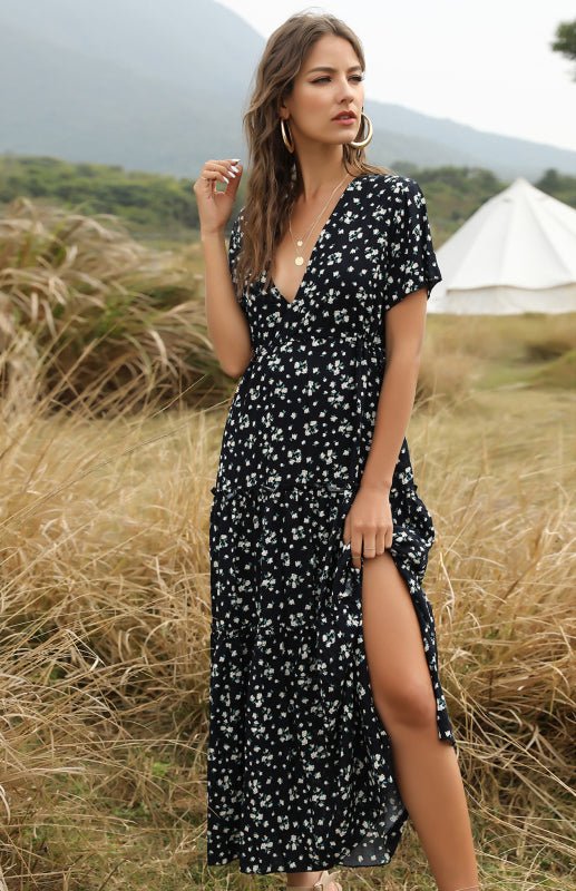 Ladies Casual Elegant V-Neck Printed Long Dress