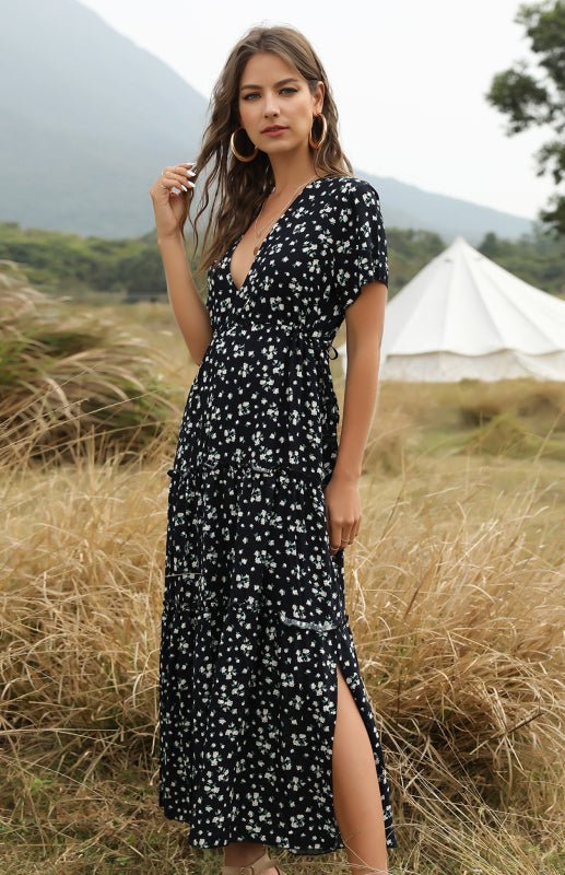 Ladies Casual Elegant V-Neck Printed Long Dress