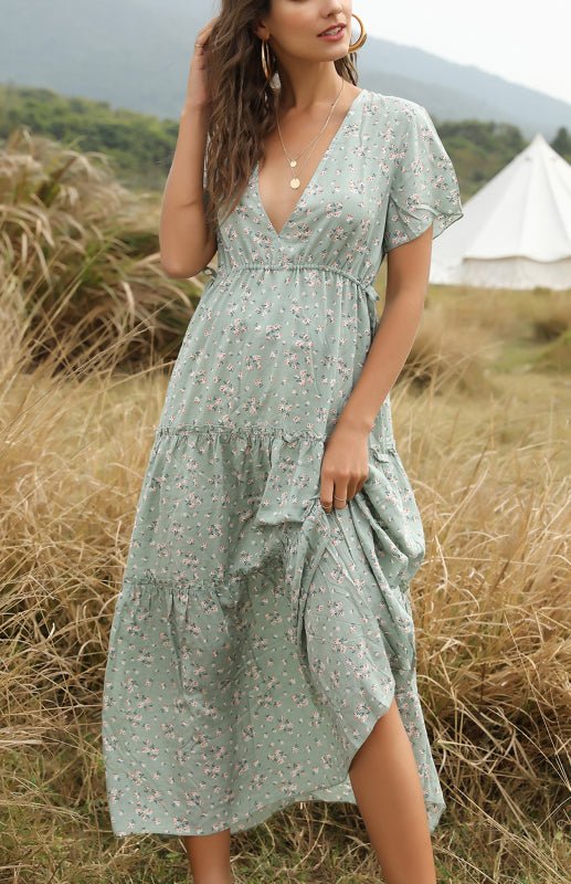 Ladies Casual Elegant V-Neck Printed Long Dress