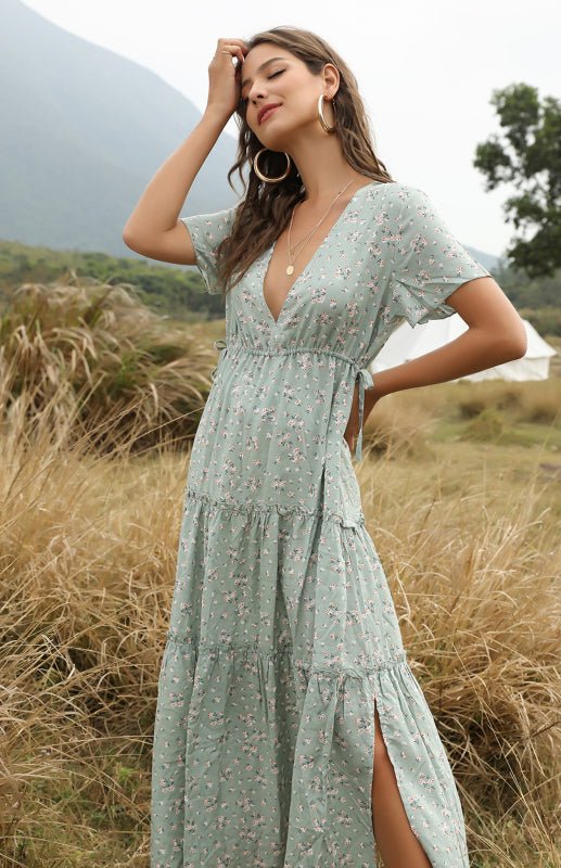 Ladies Casual Elegant V-Neck Printed Long Dress