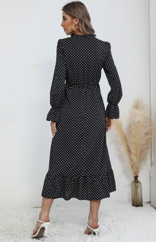 Ladies V-Neck Tie Long Sleeve Polka Dot Dress