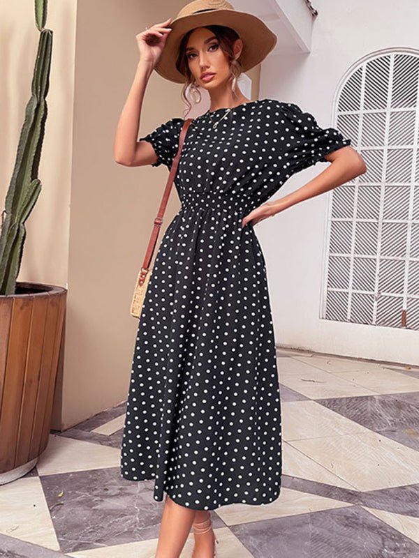 Mid-length skirt temperament retro women's black polka dot slim dress