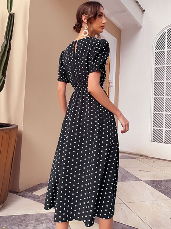 Mid-length skirt temperament retro women's black polka dot slim dress